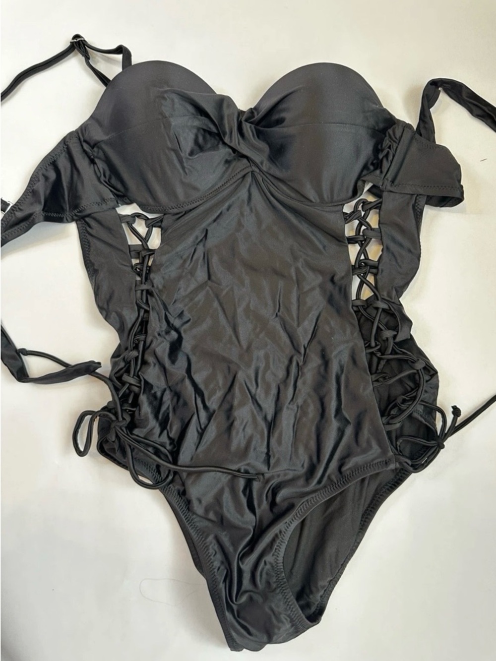 Black One-Piece Swimsuit with Side Lace-Up Detailing